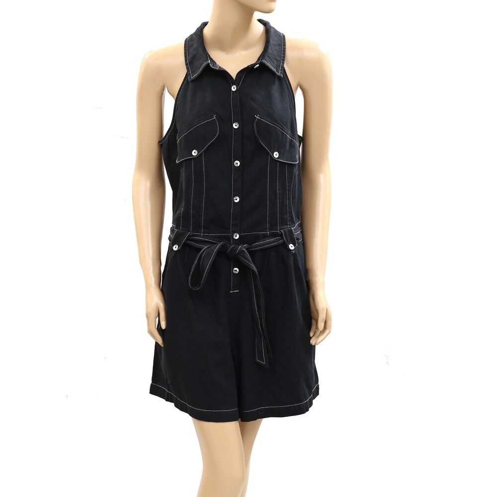 Free people Free-est Sunset Sail Romper Dress Collared Buttondown Black L 286094 - Picture 5 of 9